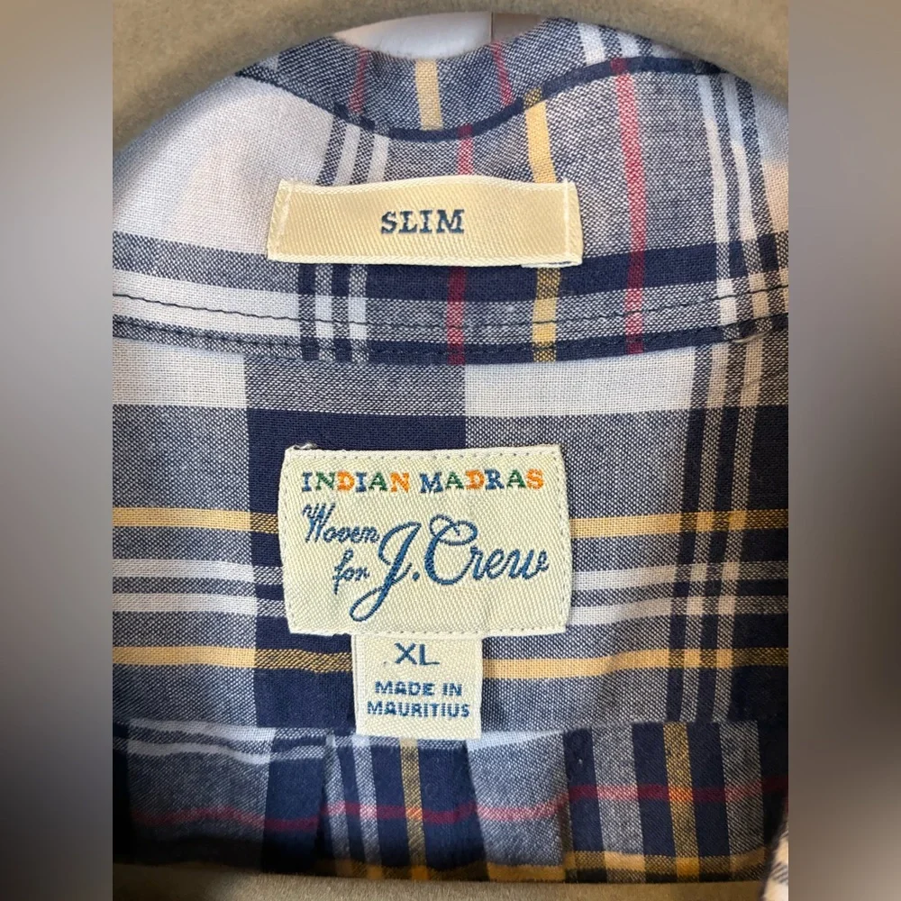 J. Crew Indian Madras Plaid Shirt Mens XL Slim Fit Blue Yellow Button Down